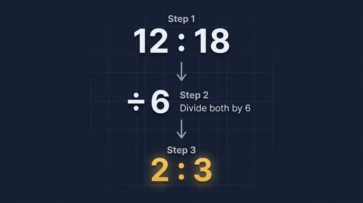 Step by step diagram showing how to simplify the ratio 12 to 18 down to 2 to 3 by dividing both numbers by 6