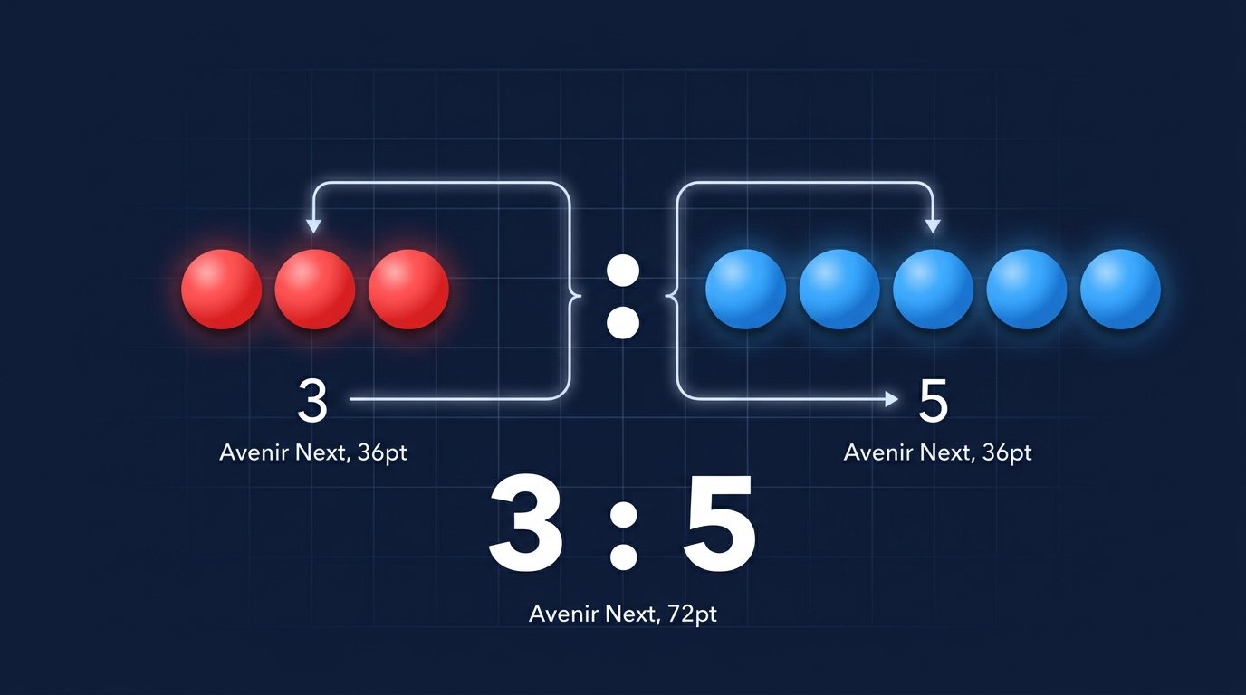 Visual diagram comparing 3 red objects to 5 blue objects showing a 3 to 5 ratio